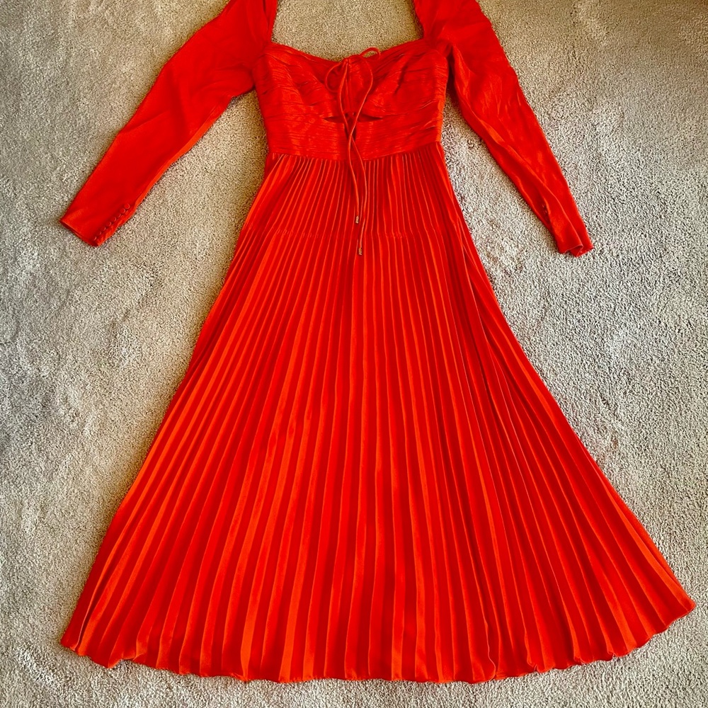 Self-Portrait Bright Orange Pleated Long Sleeve Midi Dress